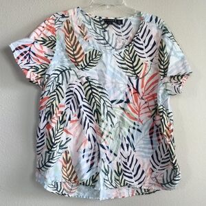 Tahari Size 1x Linen Tropical Leaf Print Women's Top